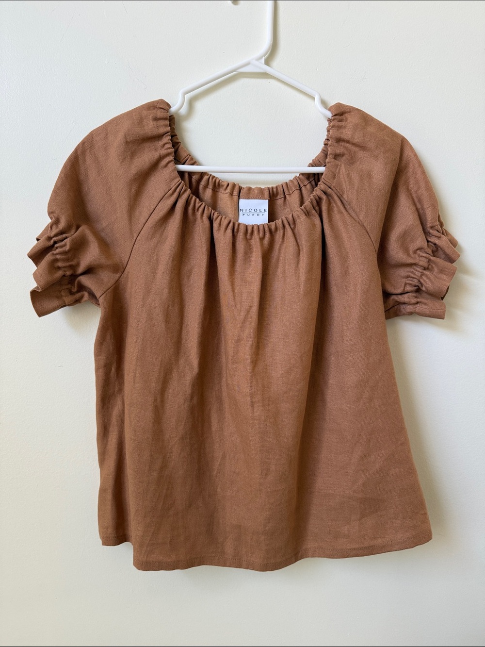 Nicole Purdy linen elastic peasant style top in light terra cotta